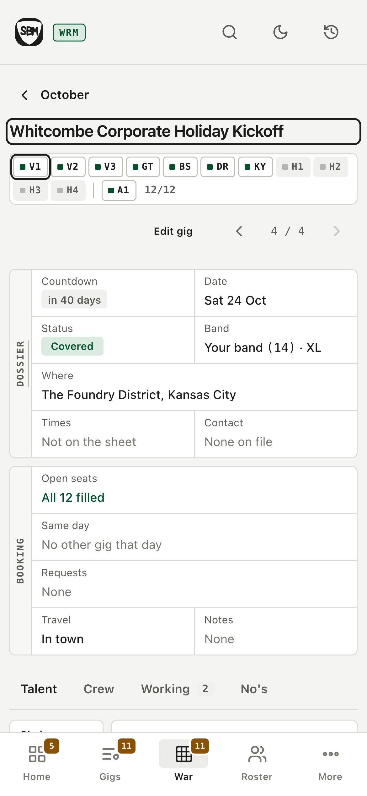 The same gig's board on a phone: status, date, venue and open seats, with a tab bar at the bottom.